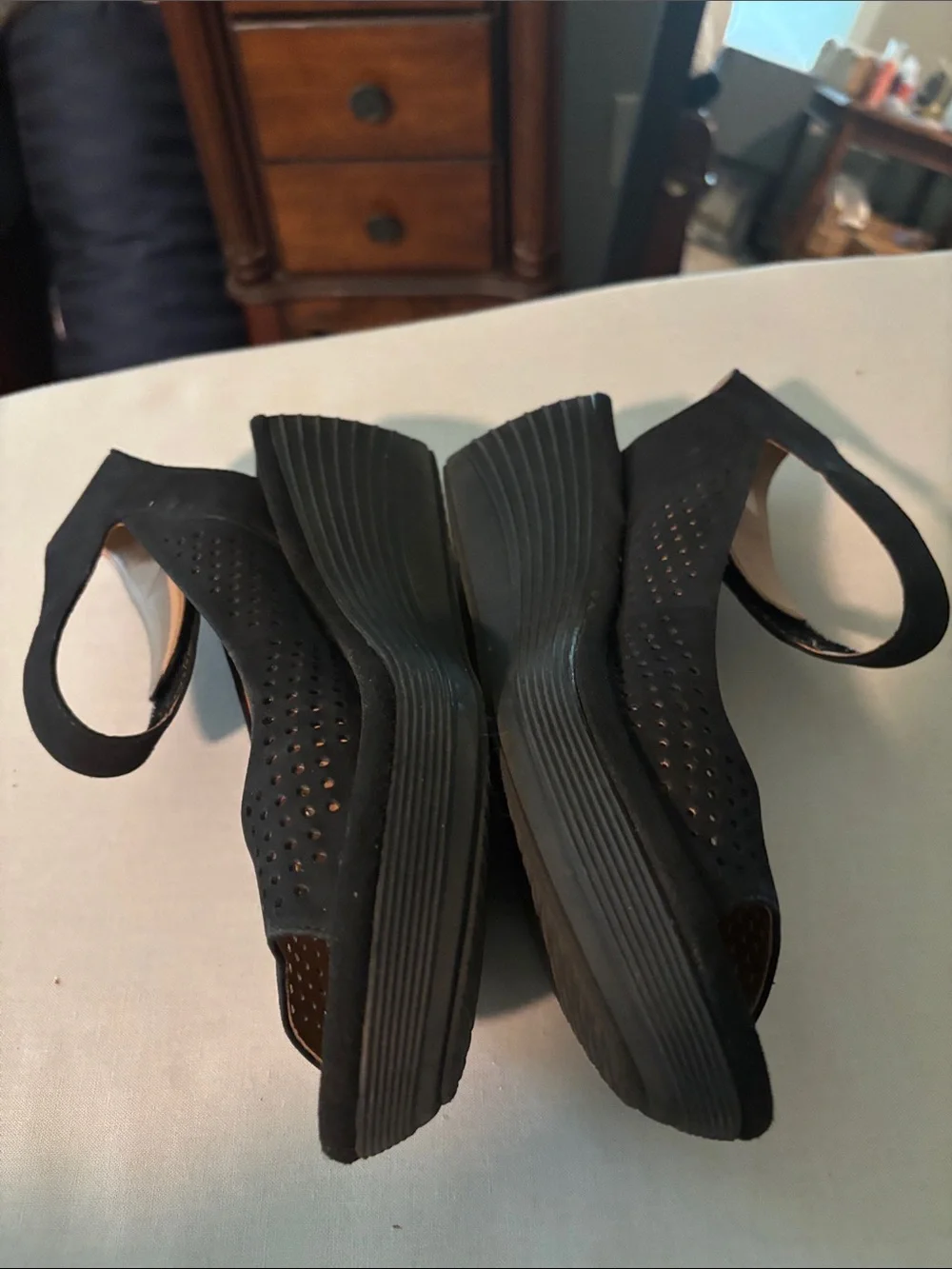 Clarks Black Perforated Peep-Toe Wedge Sandals